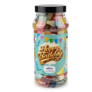 GRO VITS - Happy Birthday Pick n Mix Sweet Jar - Classic Retro Pick and Mix Jar Candy Selection Assortment Gummy Birthday Gift 23cm x 9cm - 635g