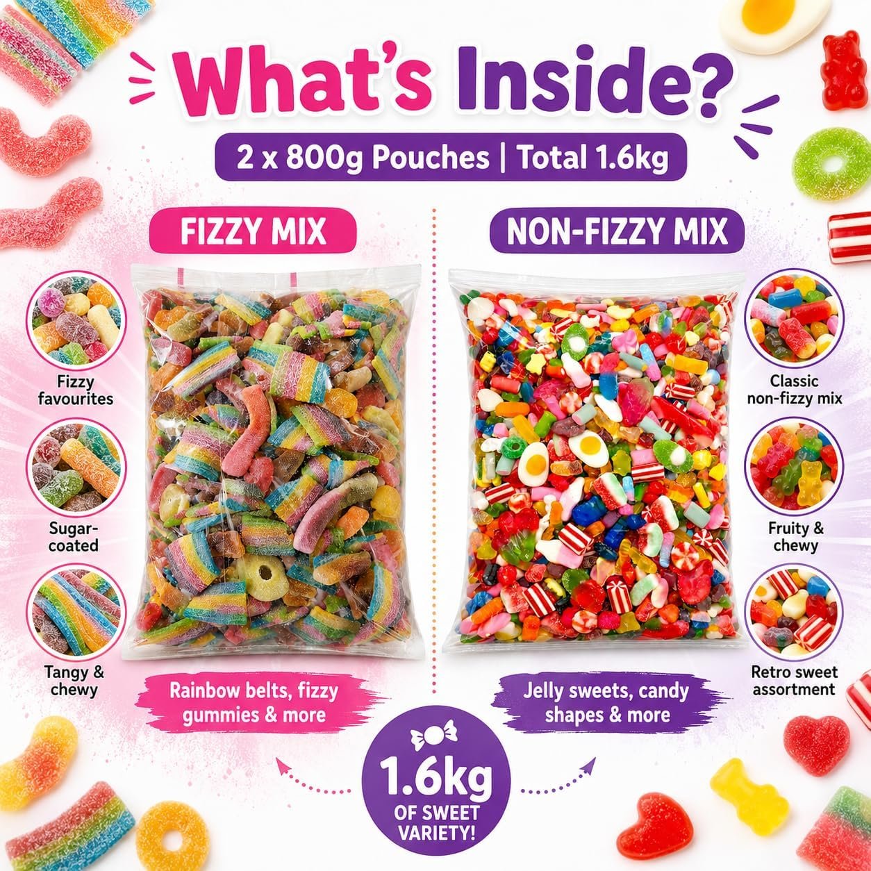 GRO VITS Pick & Mix Sweets Bundle – 2 x 800g Fizzy & Non-Fizzy Jelly Candy Pouches - Image 2