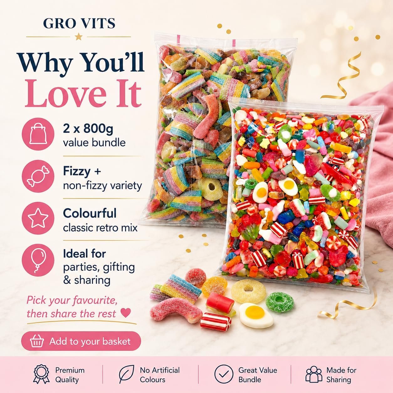 GRO VITS Pick & Mix Sweets Bundle – 2 x 800g Fizzy & Non-Fizzy Jelly Candy Pouches - Image 3