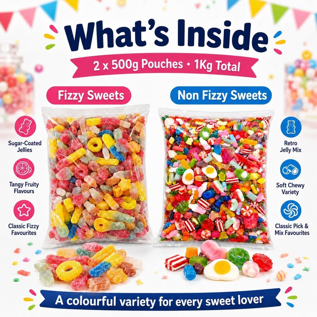 GRO VITS Pick & Mix Sweets Bundle – 2 x 500g Fizzy & Non-Fizzy Jelly Candy Pouches - Image 2