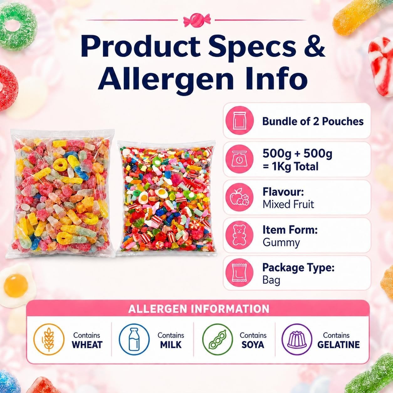 GRO VITS Pick & Mix Sweets Bundle – 2 x 500g Fizzy & Non-Fizzy Jelly Candy Pouches - Image 7